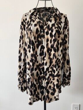JM Collection Leopard Print Button Up‎ Top Women 3X Brown Ruched Sleeve Mob Wife